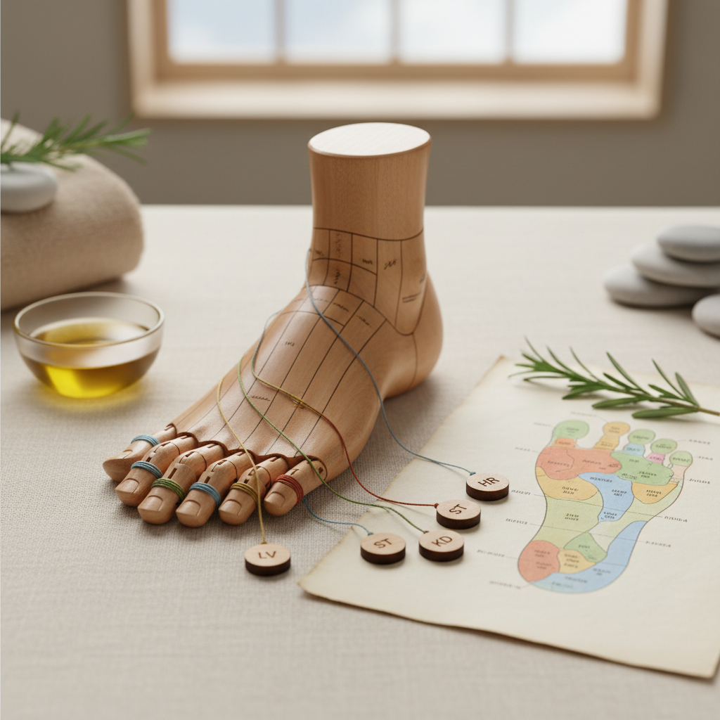An elegant reflexology-focused composition showing a detailed anatomical wooden foot model resting on a smooth linen-covered surface in warm neutral tones. Around it, colored thread and small wooden markers indicate corresponding organ zones, laid out neatly beside a printed reflexology map on textured cotton paper. A sprig of fresh rosemary and a small dish of jojoba oil in a frosted glass bowl introduce natural elements. Soft, diffused daylight from an unseen skylight above gives even illumination and gentle shadows, enhancing the refined atmosphere. Shot from a slightly elevated angle with crisp focus on the foot model and a softly blurred background, the photographic style is clean and educational, evoking precision, care, and holistic understanding.