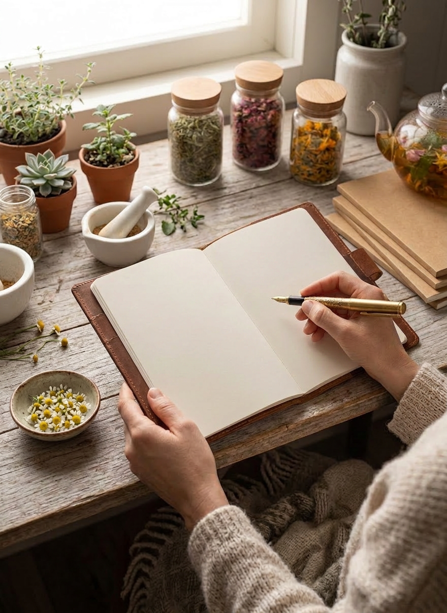Person holding pen writing in an agenda planner with herbal notes and jars of dried herbs on wooden table